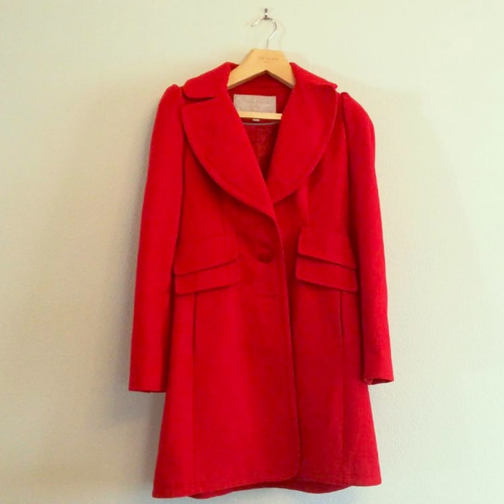 Women Red Coat with Belt Long Sleeve Outwear